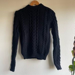 Polo Ralph Lauren Cable Knit Black Sweater w/ Gold & Leather Shoulder Zipper